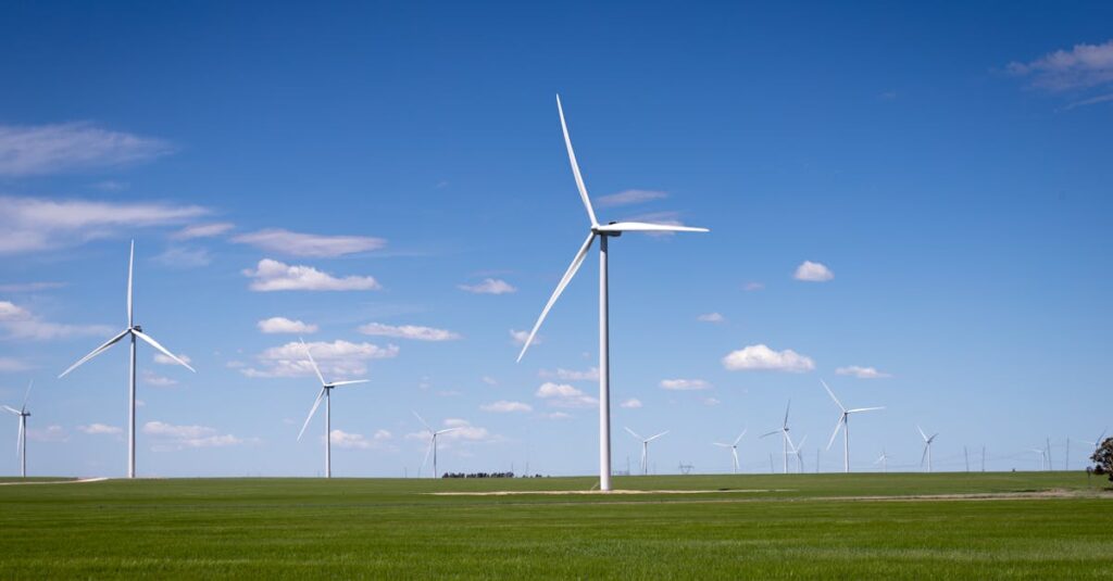 pexels-photo-29143901-29143901-1 Wind turbines standing in a lush green field against a bright blue sky, symbolizing renewable energy.